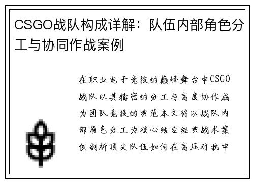 CSGO战队构成详解：队伍内部角色分工与协同作战案例